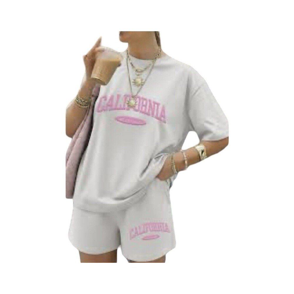 California West Coast Gray Pink T Shirt Pull On Drawstring Short Set Size Medium